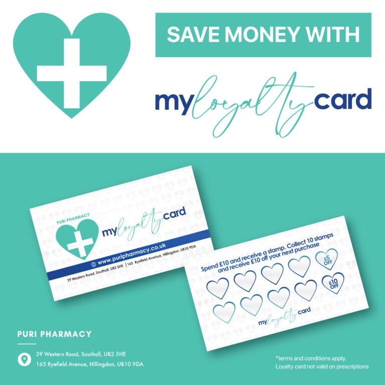 This image shows what the Puri Pharmacy loyalty card looks like and how the service works