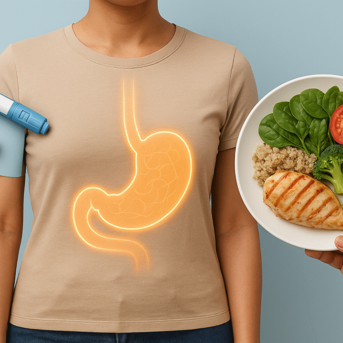 Woman shown with a glowing stomach illustration, standing beside a healthy plate of food, next to a pill and injection pen—representing how Amycretin targets hunger through two hormones.