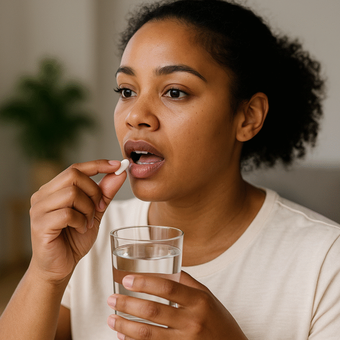 Young woman taking a weight loss pill with water, representing the emerging pill-based weight loss medications like CagriSema.