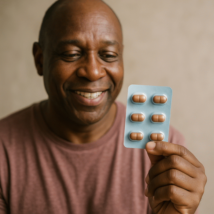 Smiling man holding up a blister pack of pills, symbolising the daily pill format of orforglipron and future oral GLP-1 medications.
