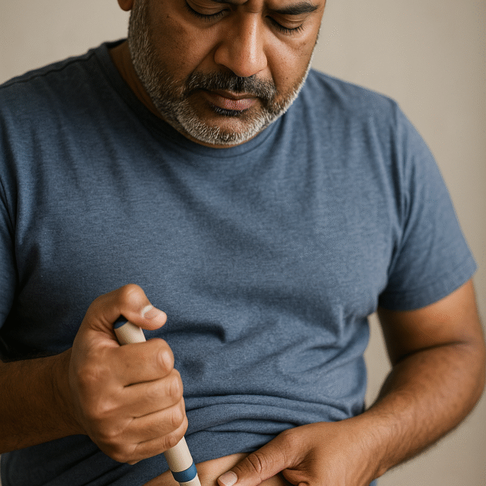 South Asian man self-administering a Retatrutide style injection using a beige and blue pen injector, representing personal use of experimental triple-action weight loss medication