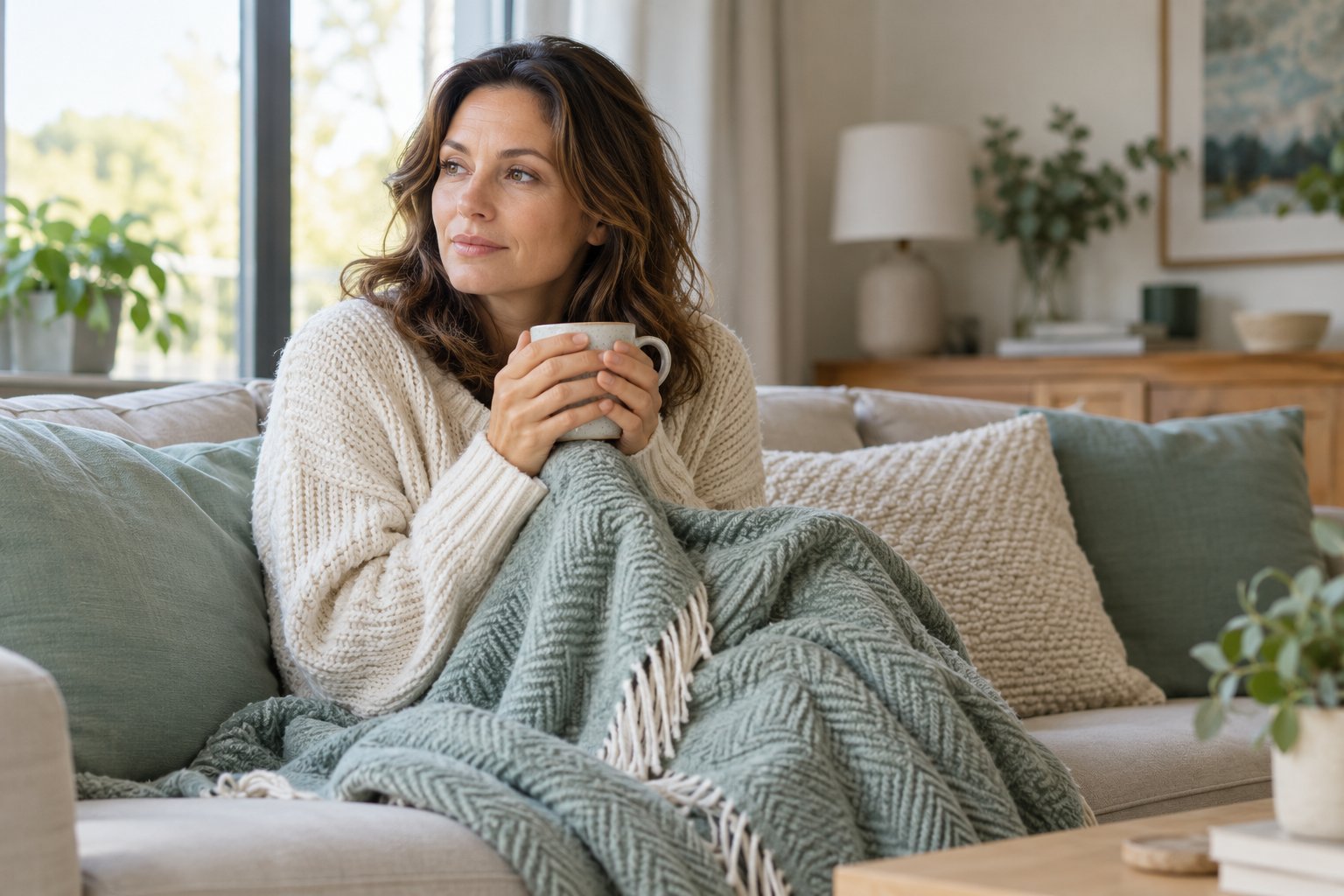 Woman wrapped in a blanket holding a warm drink at home