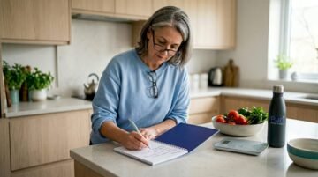 Woman planning meals at kitchen island with notebook