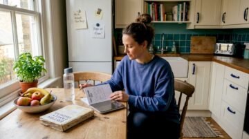 Woman tracking diet at kitchen table