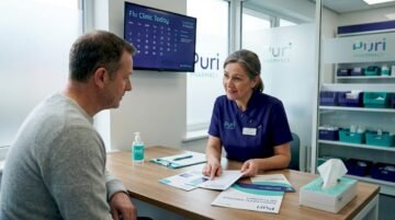 Pharmacist consulting patient about flu vaccines