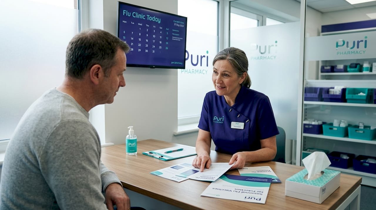 Illustration of a pharmacist discussing health concerns