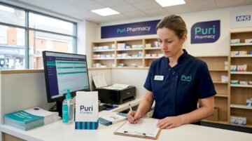 Pharmacy technician reviewing consultation checklist