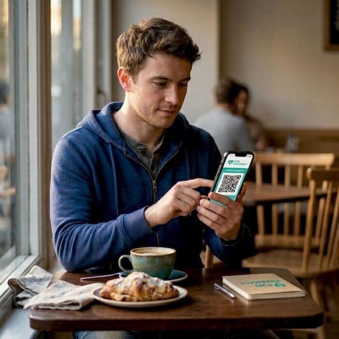 Man displaying vaccine passport in kitchen