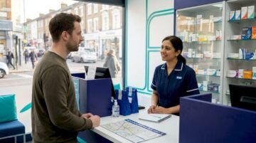 Pharmacist and customer talking at London pharmacy counter