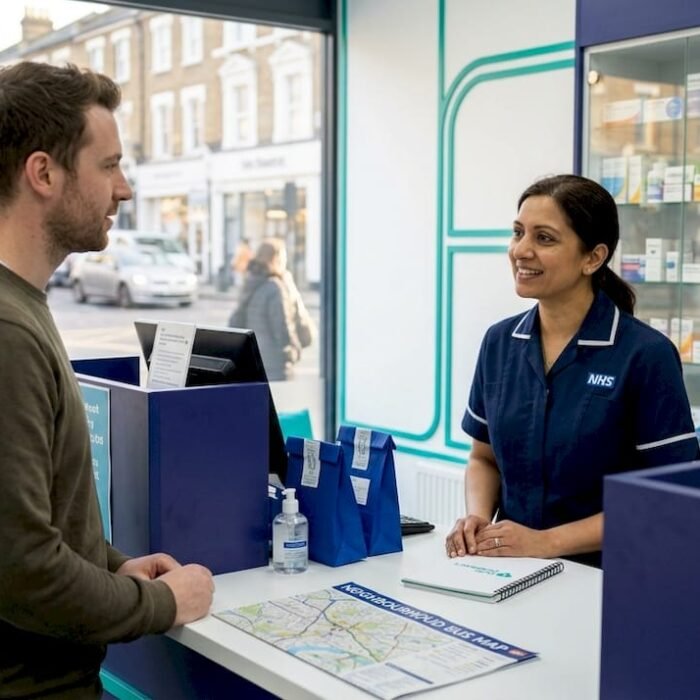 Pharmacist and customer talking at London pharmacy counter