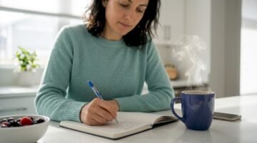 Woman journaling at kitchen table with tea and fruit