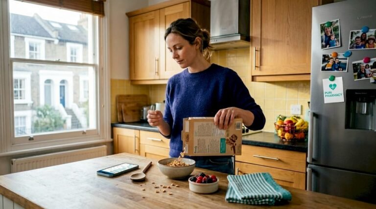 Woman checking calories in West London kitchen