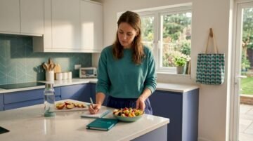 Woman planning healthy meal in bright kitchen
