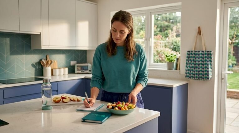 Woman planning healthy meal in bright kitchen