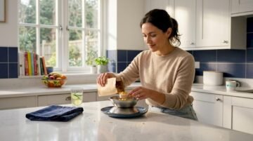 Woman measuring pasta for lunch at kitchen table