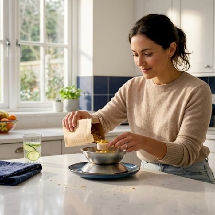 Woman measuring pasta for lunch at kitchen table