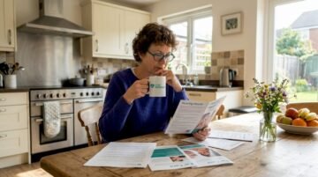 Woman reading hearing health pamphlet at kitchen table