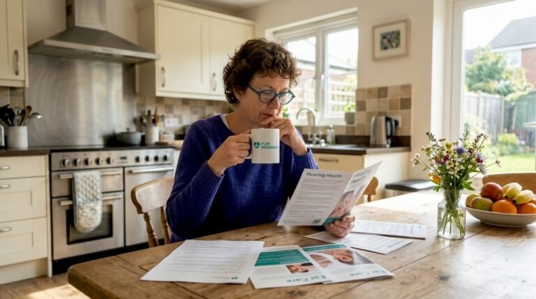 Woman reading hearing health pamphlet at kitchen table