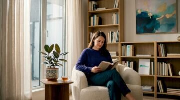 Woman reading in tranquil sunlit living room