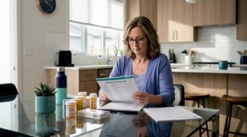 Woman preparing medication list in kitchen