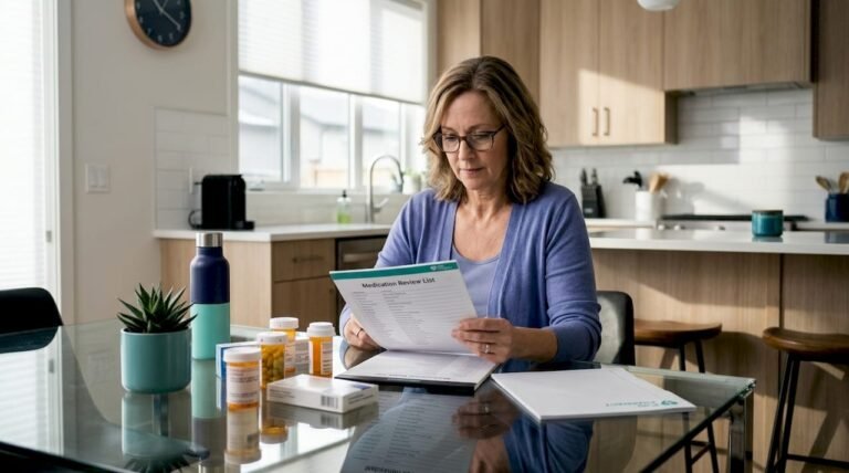 Woman preparing medication list in kitchen