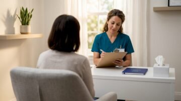 Pharmacist reviewing chart in confidential clinic room