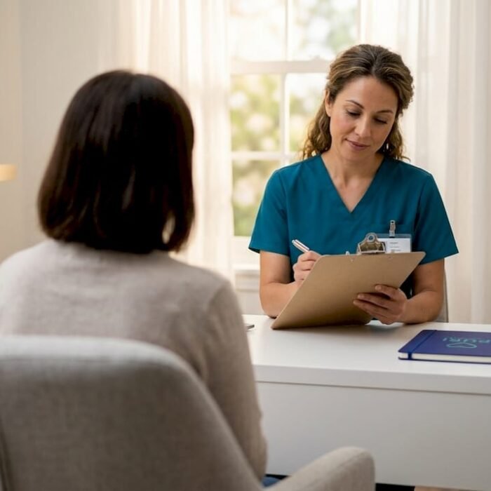 Pharmacist reviewing chart in confidential clinic room
