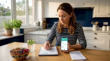 Woman tracking weight loss progress at kitchen table