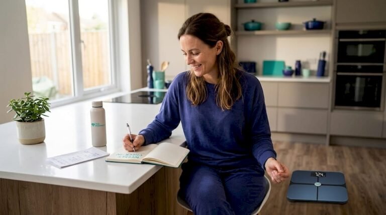 Woman recording health data at kitchen table