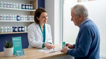 Pharmacist counseling elderly patient at pharmacy counter