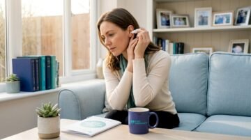 Woman applying ear drops in living room