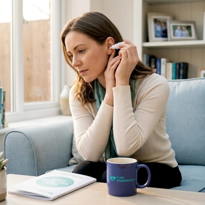 Woman applying ear drops in living room