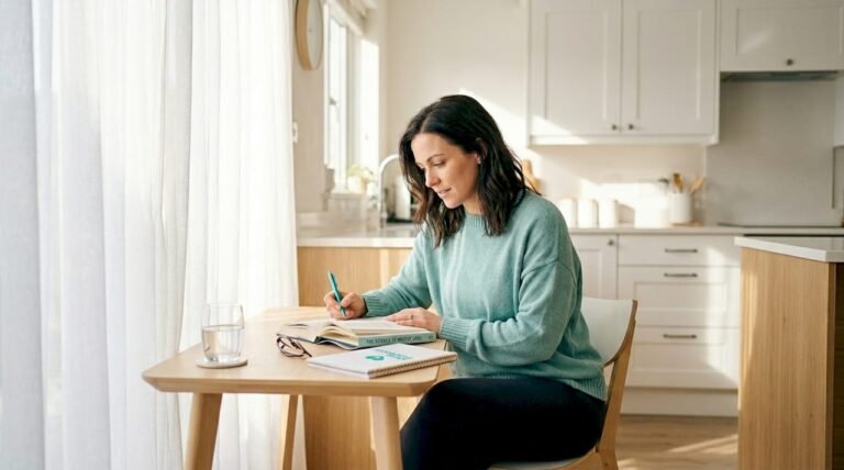 Woman studying weight loss science at home desk