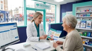 Pharmacist consulting patient at pharmacy counter