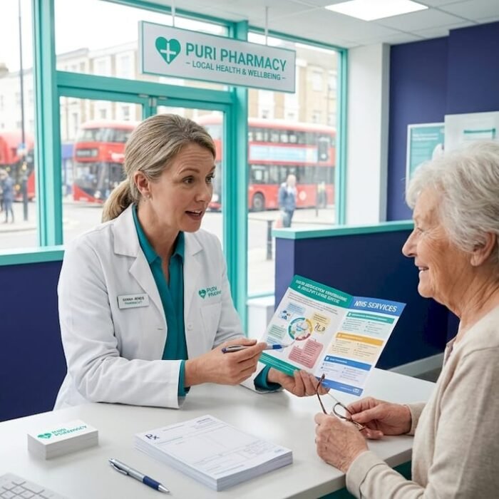 Pharmacist consulting patient at pharmacy counter