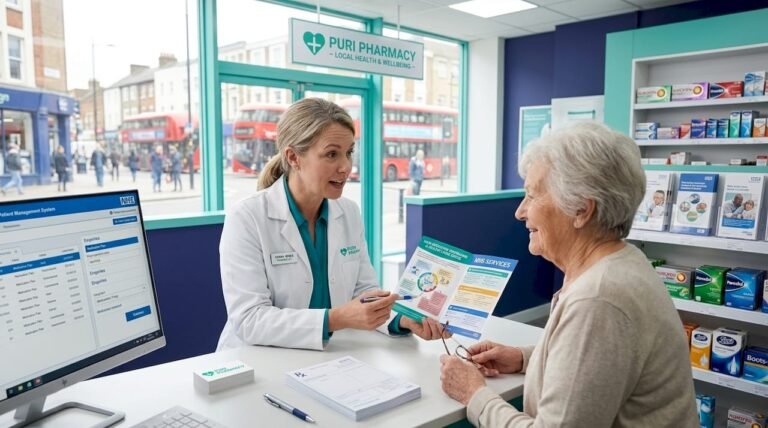 Pharmacist consulting patient at pharmacy counter