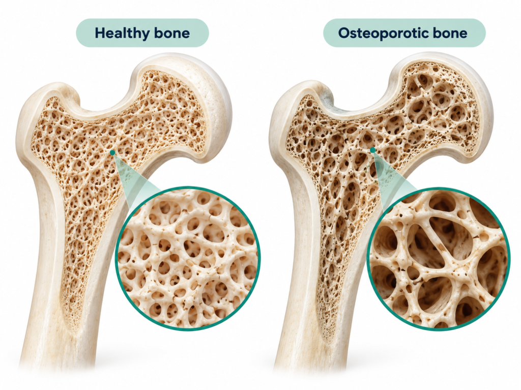 Illustration showing vertebral compression fractures associated with osteoporosis symptoms