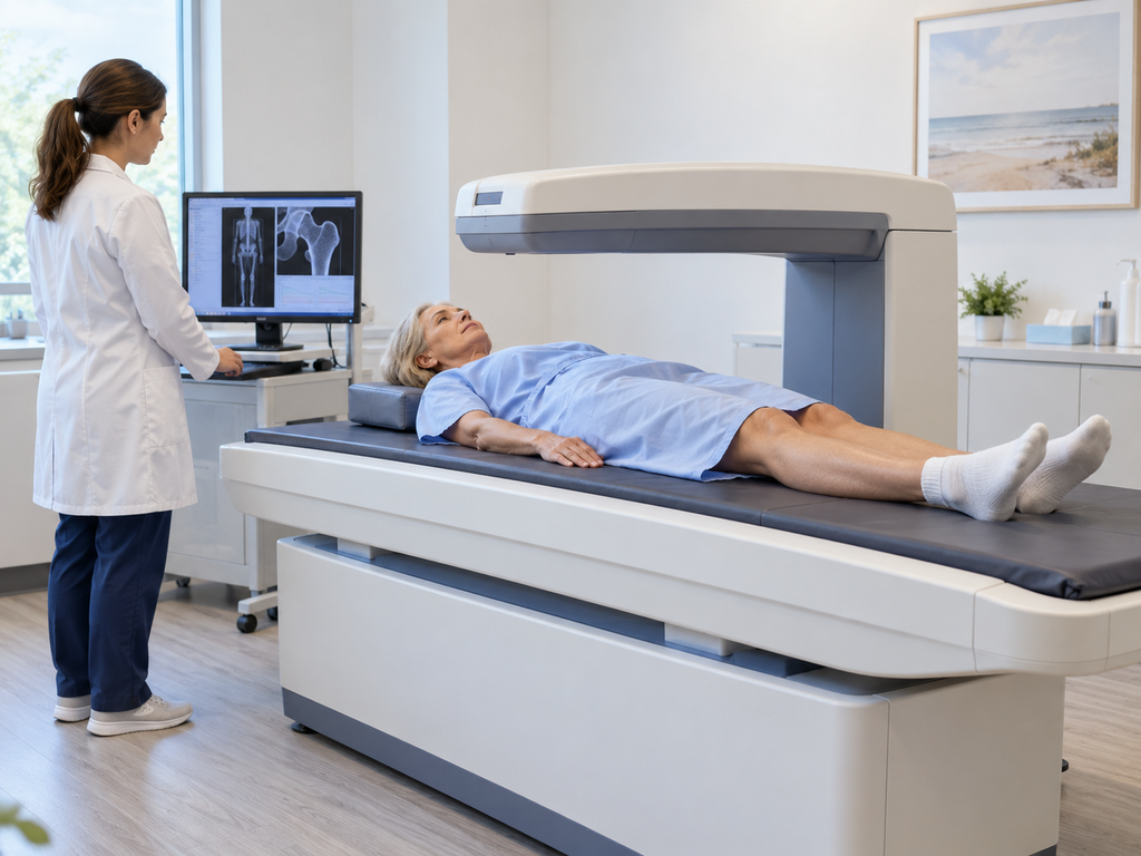 Illustration of a patient on a DXA scanning table with a radiographer operating the equipment.