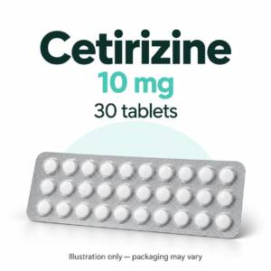 Illustration of cetirizine 10 mg, 30 tablets; packaging may vary.