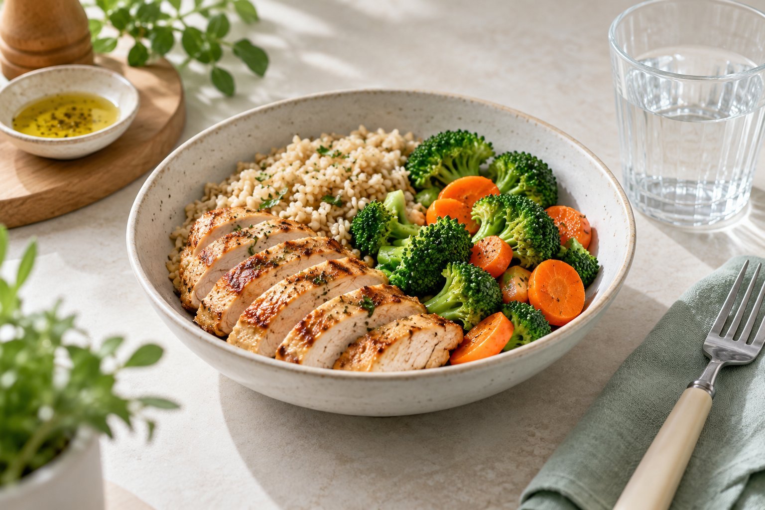 A balanced meal with protein, vegetables and grains