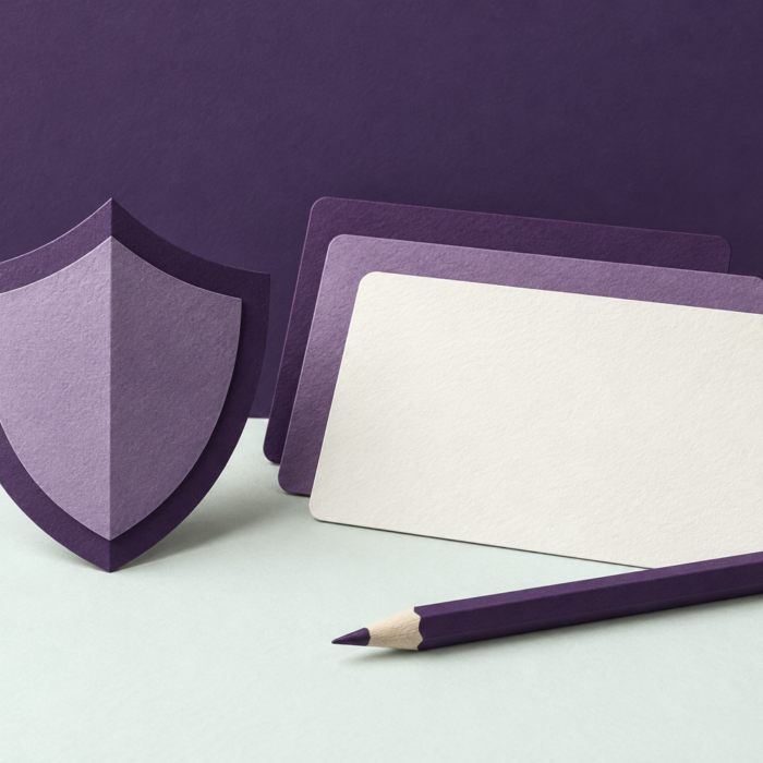 Paper shield, reference cards and pencil illustrating questions about safety and supporting evidence.