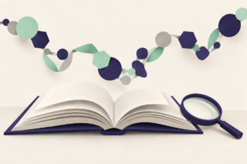 cream / deep purple / muted green editorial-science style: peptide-chain abstraction above an open reference book and magnifying glass. Puri_Peptides_First