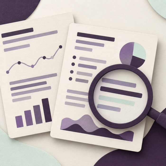 Magnifying glass over layered laboratory reports illustrating careful interpretation of blood test results.