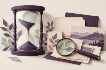 Paper hourglass, reference cards and magnifying glass illustrating the assessment of research over time.