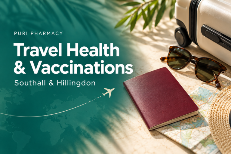 Puri Pharmacy travel health and vaccinations in Southall and Hillingdon, with a passport, map and luggage.